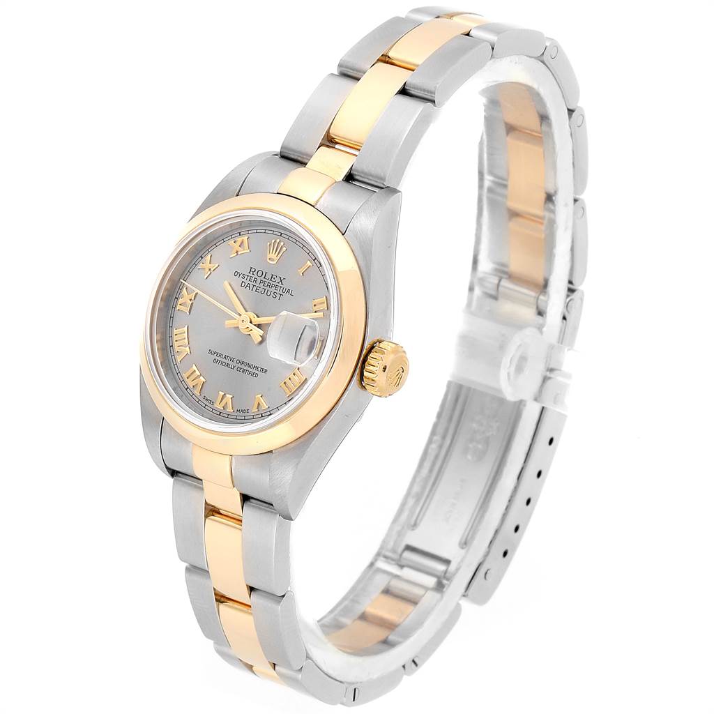 The image shows a Rolex Datejust 79163 Women's Steel and Gold (two tone) Grey Dial 79163 Women's Steel and Gold (two tone) Grey Dial watch from an angled side perspective, highlighting its two-tone bracelet, dial, and crown.