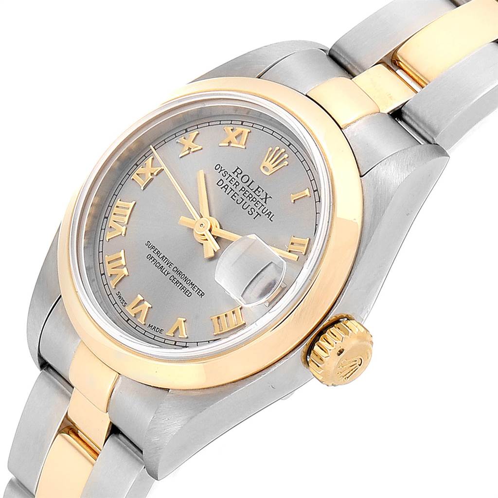 The image shows a close-up of the Rolex Datejust 79163 Women's Steel and Gold (two tone) Grey Dial 79163 Women's Steel and Gold (two tone) Grey Dial watch, highlighting its dial, bezel, crown, and part of the bracelet.