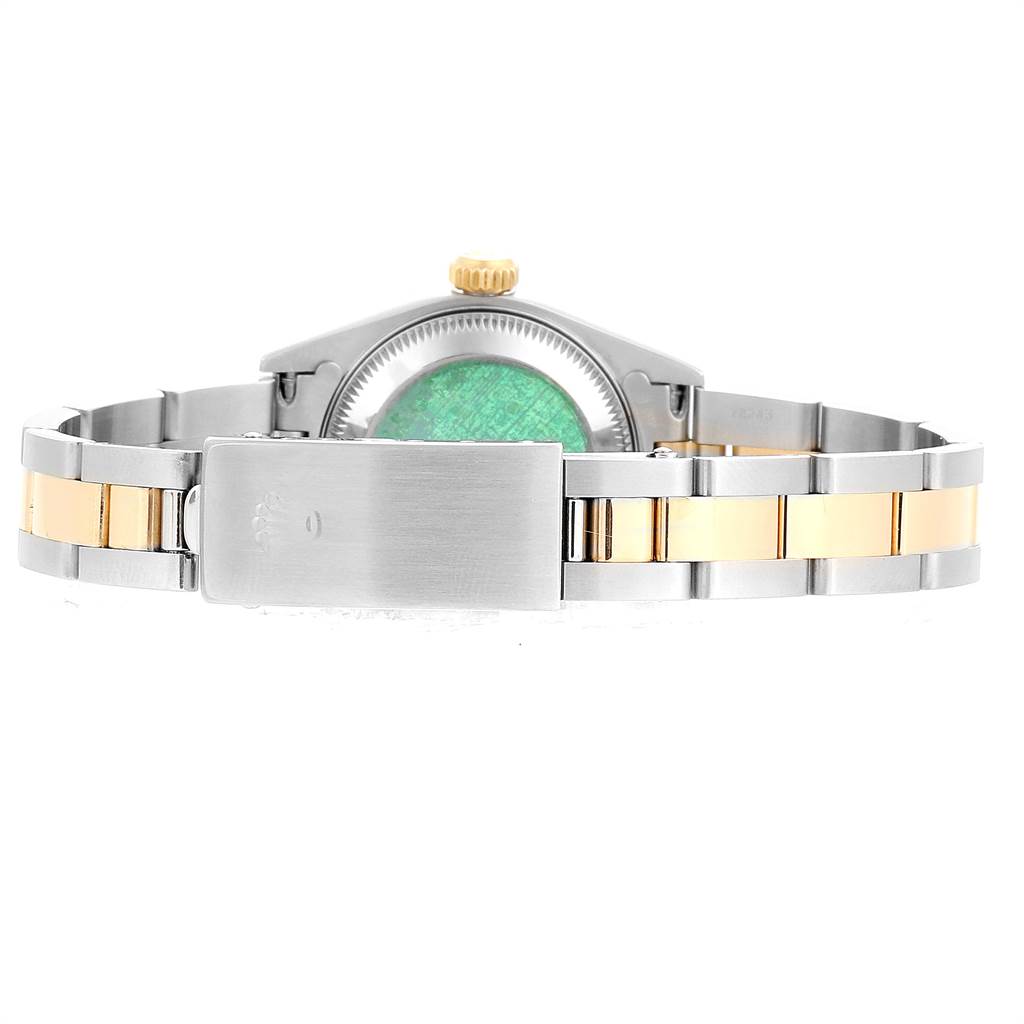 The image shows the back view of the Rolex Datejust 79163 Women's Steel and Gold (two tone) Grey Dial 79163 Women's Steel and Gold (two tone) Grey Dial watch, highlighting its two-tone bracelet and clasp.