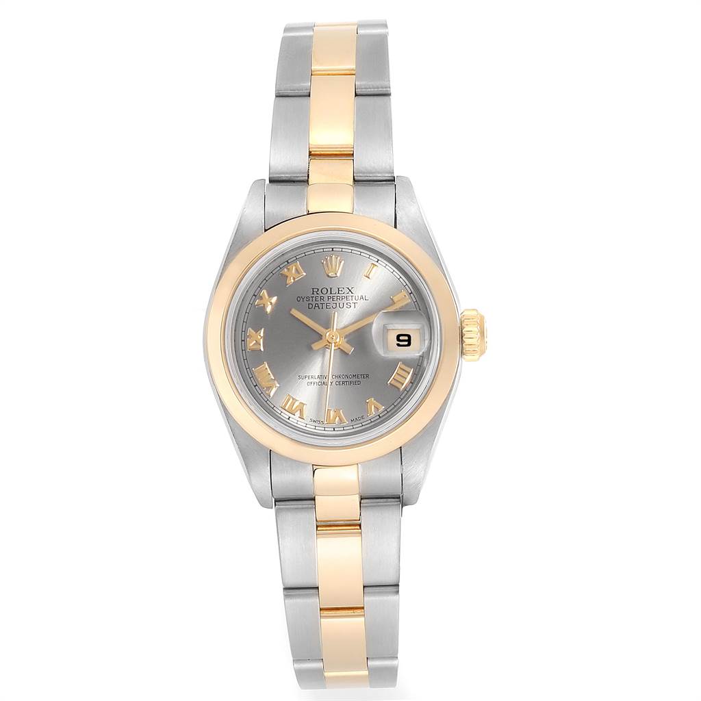 The Rolex Datejust 79163 Women's Steel and Gold (two tone) Grey Dial 79163 Women's Steel and Gold (two tone) Grey Dial watch is shown from a front angle, displaying its face, bezel, crown, and bracelet.