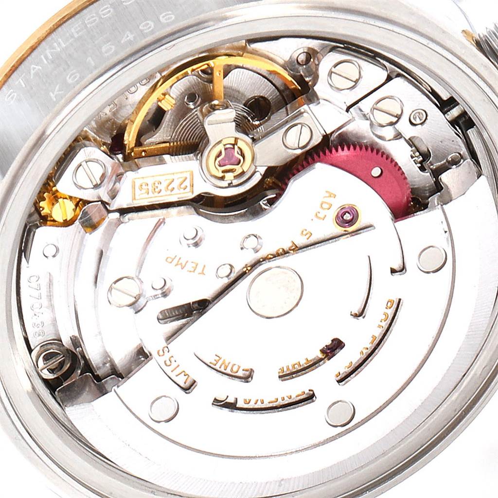 This image shows a close-up view of the movement mechanism of a Rolex Datejust 79163 Women's Steel and Gold (two tone) Grey Dial 79163 Women's Steel and Gold (two tone) Grey Dial watch.