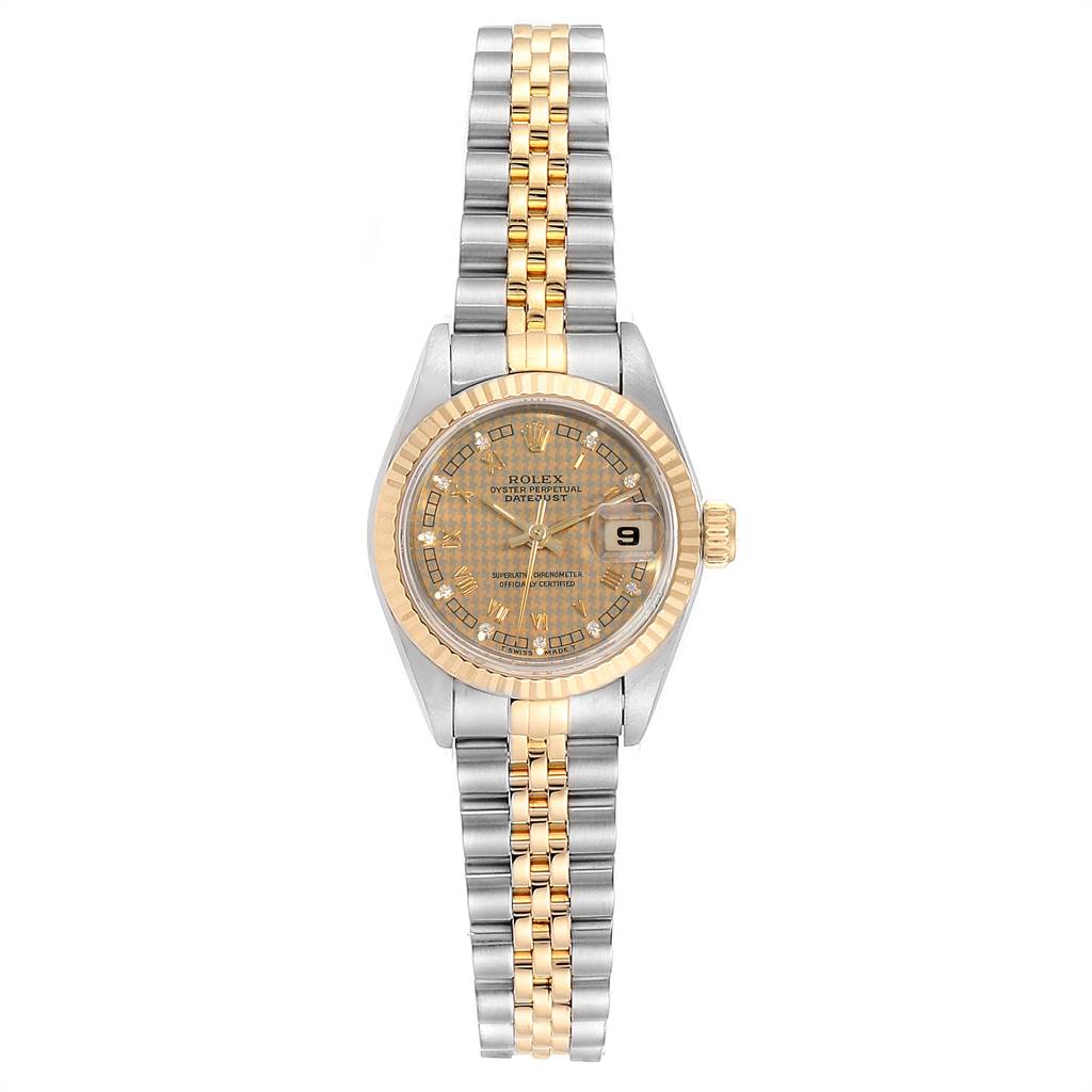 The image shows a front view of a Rolex Datejust 69173 Women's Stainless Steel Champagne Dial 69173 Women's Stainless Steel Champagne Dial watch, highlighting its dial, bracelet, and bezel.