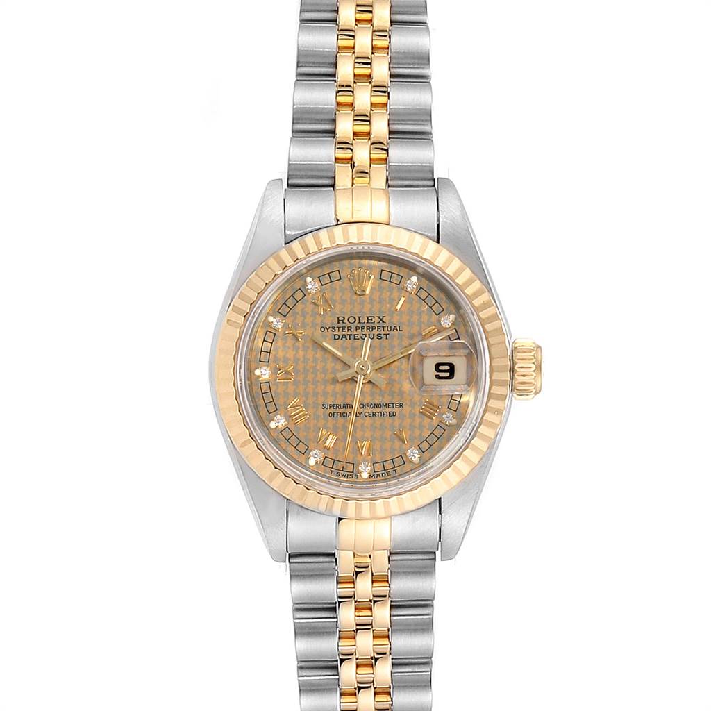 The image shows a front view of the Rolex Datejust 69173 Women's Stainless Steel Champagne Dial 69173 Women's Stainless Steel Champagne Dial watch, displaying the dial, fluted bezel, and Jubilee bracelet.
