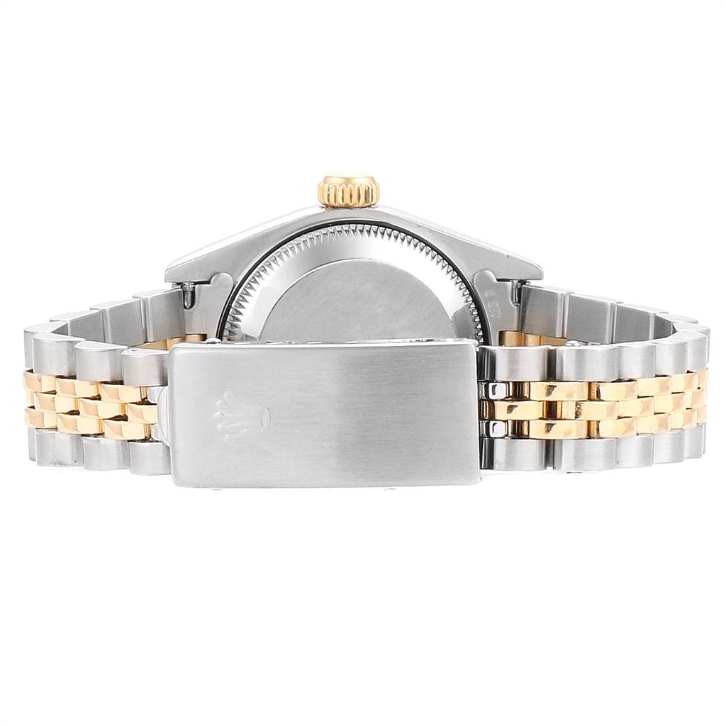 This image shows the back view of a Rolex Datejust 69173 Women's Stainless Steel Champagne Dial 69173 Women's Stainless Steel Champagne Dial watch, highlighting the clasp and bracelet.