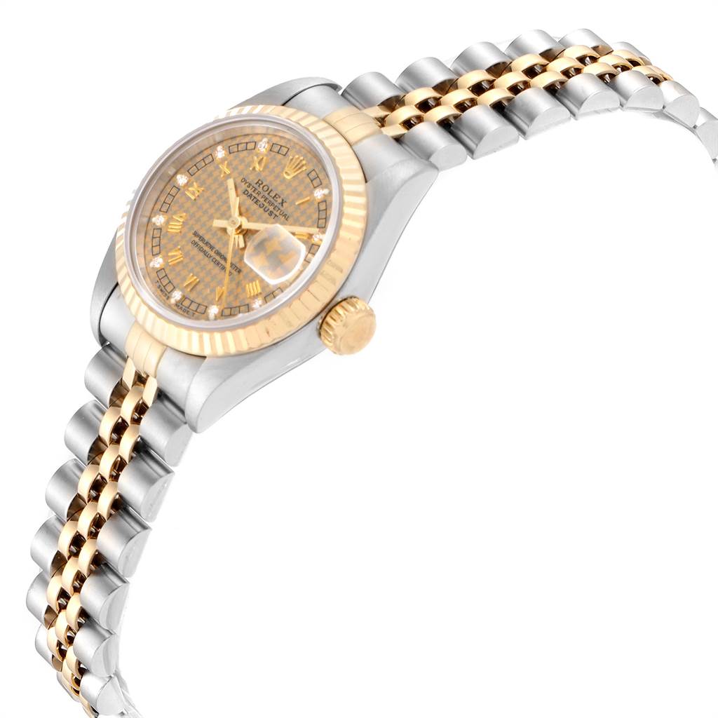 The image shows a Rolex Datejust 69173 Women's Stainless Steel Champagne Dial 69173 Women's Stainless Steel Champagne Dial watch from a side angle, highlighting the dial, crown, and two-tone bracelet.