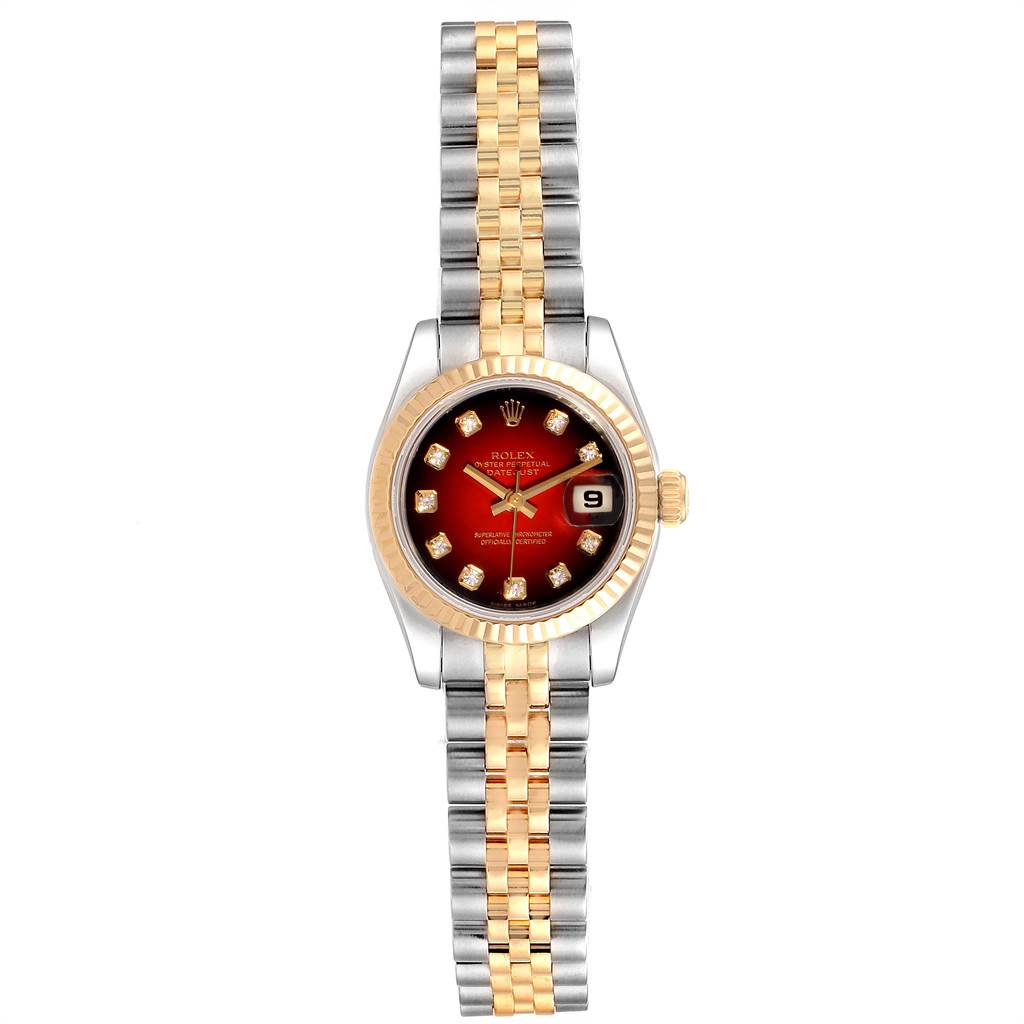 The Rolex Datejust 179173 Women
s Steel and Gold (two tone) Red Dial 179173 Women
s Steel and Gold (two tone) Red Dial watch is shown from a top-down angle, highlighting the face, bezel, and bracelet.