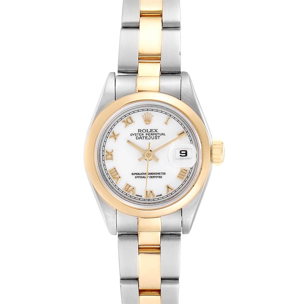 The image shows a front view of a Rolex Datejust 69163 Women's Stainless Steel White Dial 69163 Women's Stainless Steel White Dial watch, highlighting its dial, bezel, and two-tone metal bracelet.