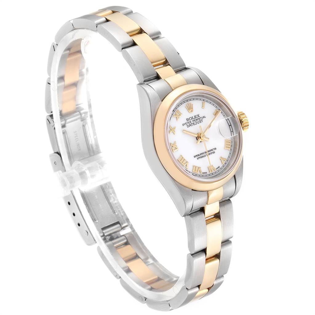 The Rolex Datejust 69163 Women's Stainless Steel White Dial 69163 Women's Stainless Steel White Dial watch is shown at an angled side view, highlighting its two-tone band, bezel, and dial with Roman numeral markers.