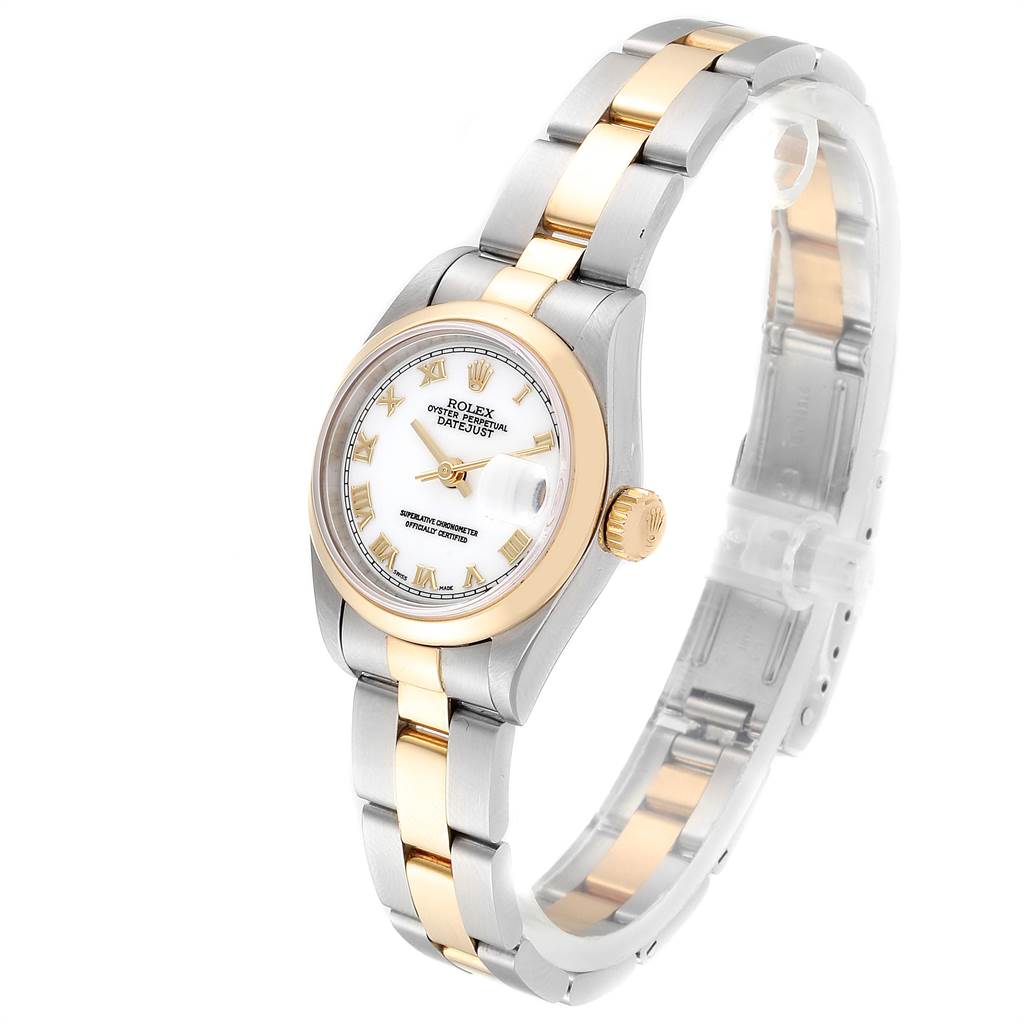 This Rolex Datejust 69163 Women's Stainless Steel White Dial 69163 Women's Stainless Steel White Dial watch is shown at a three-quarter angle, featuring a two-tone metal bracelet, dial, crown, and bezel.