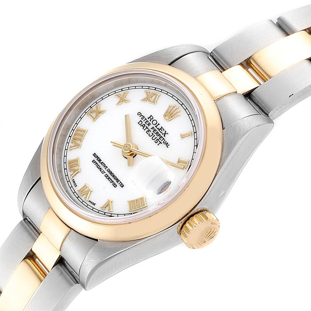 The image shows a Rolex Datejust 69163 Women's Stainless Steel White Dial 69163 Women's Stainless Steel White Dial watch at an angled close-up, highlighting the face, bezel, crown, and part of the bracelet.