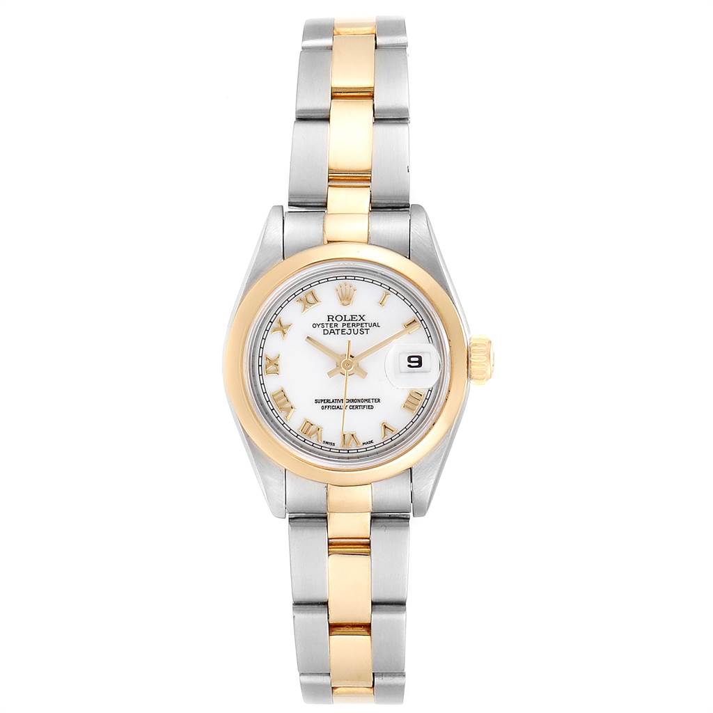 The image shows a Rolex Datejust 69163 Women's Stainless Steel White Dial 69163 Women's Stainless Steel White Dial watch from a front view, highlighting the dial, bezel, and two-tone bracelet.