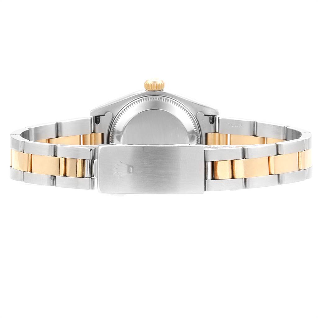 The image shows the back view of a Rolex Datejust 69163 Women's Stainless Steel White Dial 69163 Women's Stainless Steel White Dial watch, highlighting its two-tone bracelet and clasp.