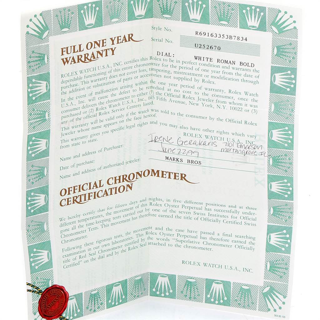 The image shows the warranty and certification documents for a Rolex Datejust 69163 Women's Stainless Steel White Dial 69163 Women's Stainless Steel White Dial watch.