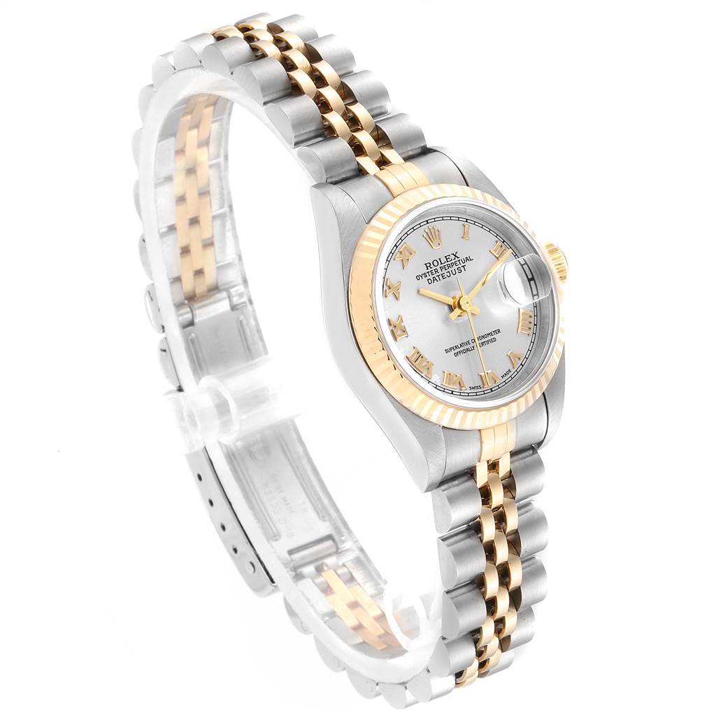 The Rolex Datejust 69173 Women's Stainless Steel Silver Dial 69173 Women's Stainless Steel Silver Dial watch is shown at a slight angle emphasizing the two-tone Jubilee bracelet and the fluted bezel.