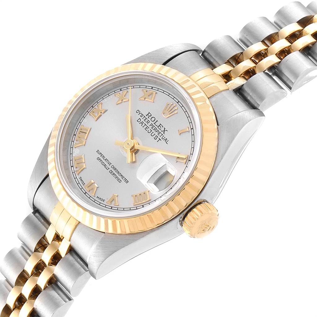 The image shows a Rolex Datejust 69173 Women's Stainless Steel Silver Dial 69173 Women's Stainless Steel Silver Dial watch at a slight angle, highlighting the face, dial, crown, and two-tone jubilee bracelet.