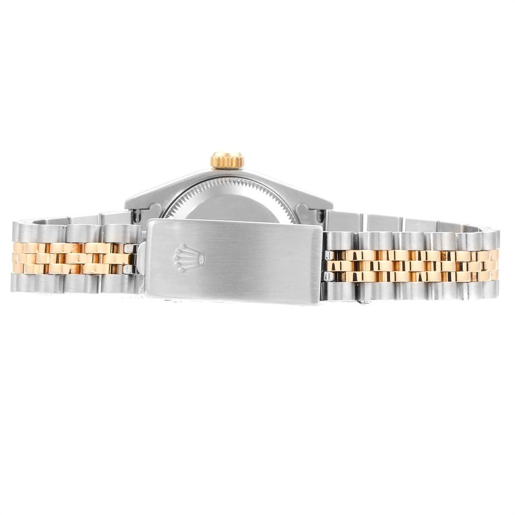 This image shows the back view of a Rolex Datejust 69173 Women's Stainless Steel Silver Dial 69173 Women's Stainless Steel Silver Dial watch, highlighting its two-tone bracelet and clasp.