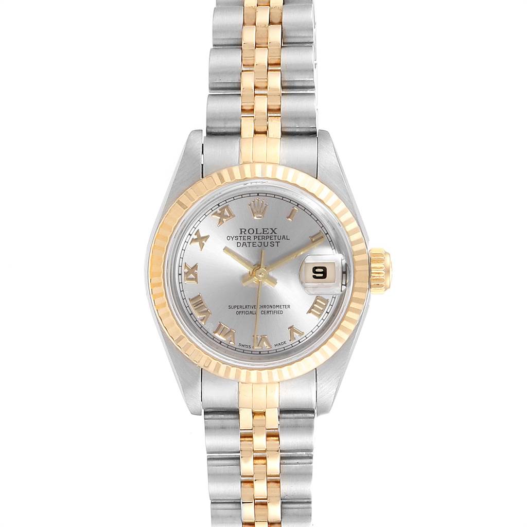 This image showcases a Rolex Datejust 69173 Women's Stainless Steel Silver Dial 69173 Women's Stainless Steel Silver Dial watch from a front angle, highlighting its face, bezel, dial, and bracelet.