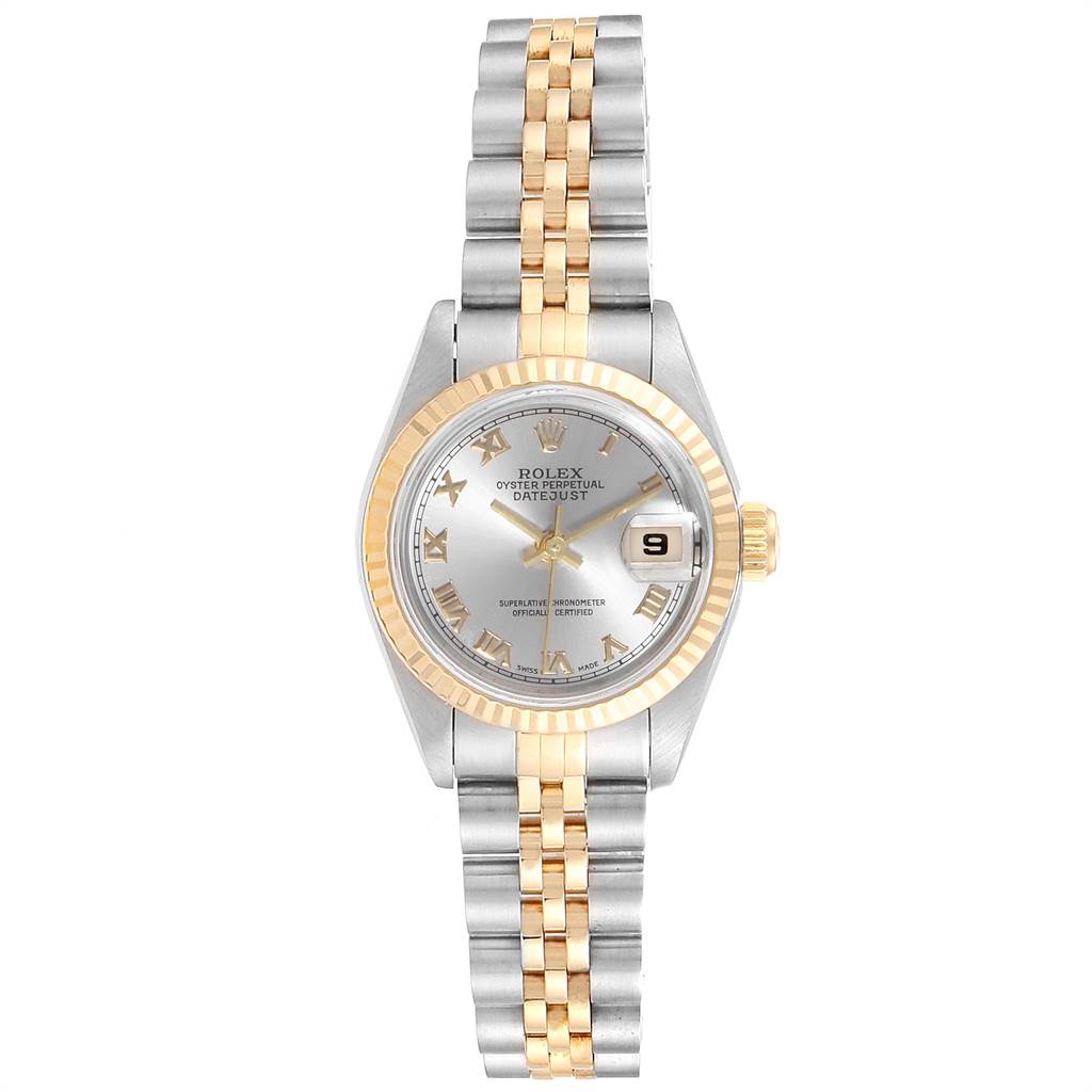 This image features a frontal view of a Rolex Datejust 69173 Women's Stainless Steel Silver Dial 69173 Women's Stainless Steel Silver Dial watch, showcasing its face, bezel, and two-tone bracelet.