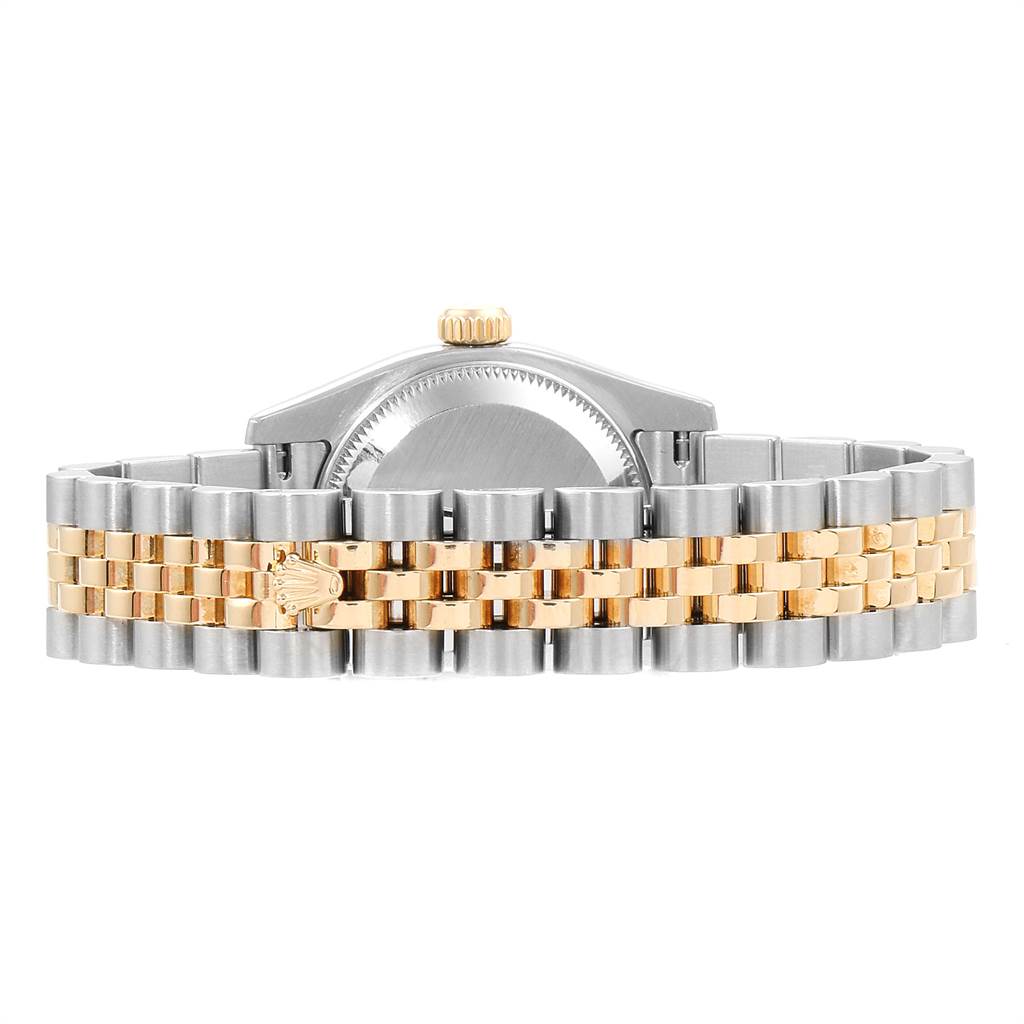 The image shows the back view of a Rolex Datejust 179173 Women
s Steel and Gold (two tone) Blue Dial 179173 Women
s Steel and Gold (two tone) Blue Dial watch, focusing on its case and Jubilee bracelet.