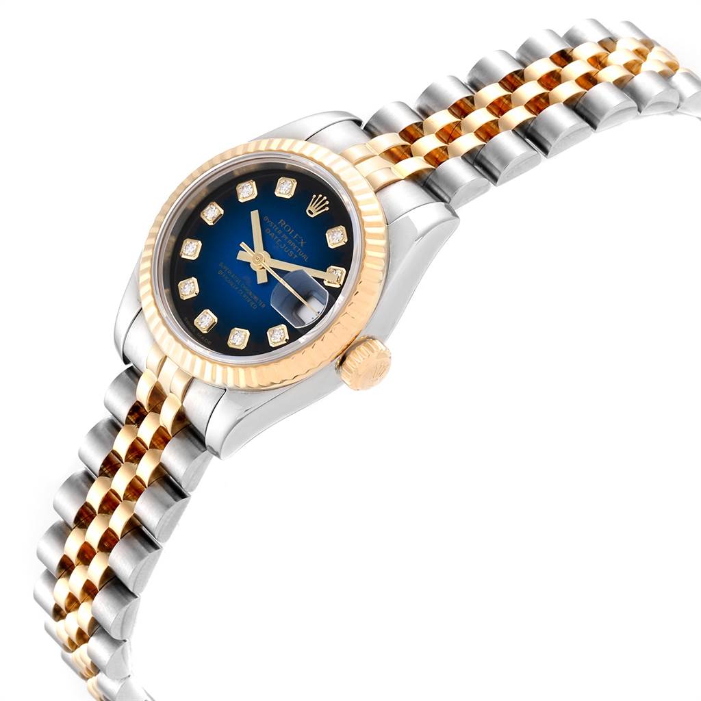 The Datejust Rolex watch is shown at an angled side view, highlighting the dial, bezel, crown, and Jubilee bracelet.