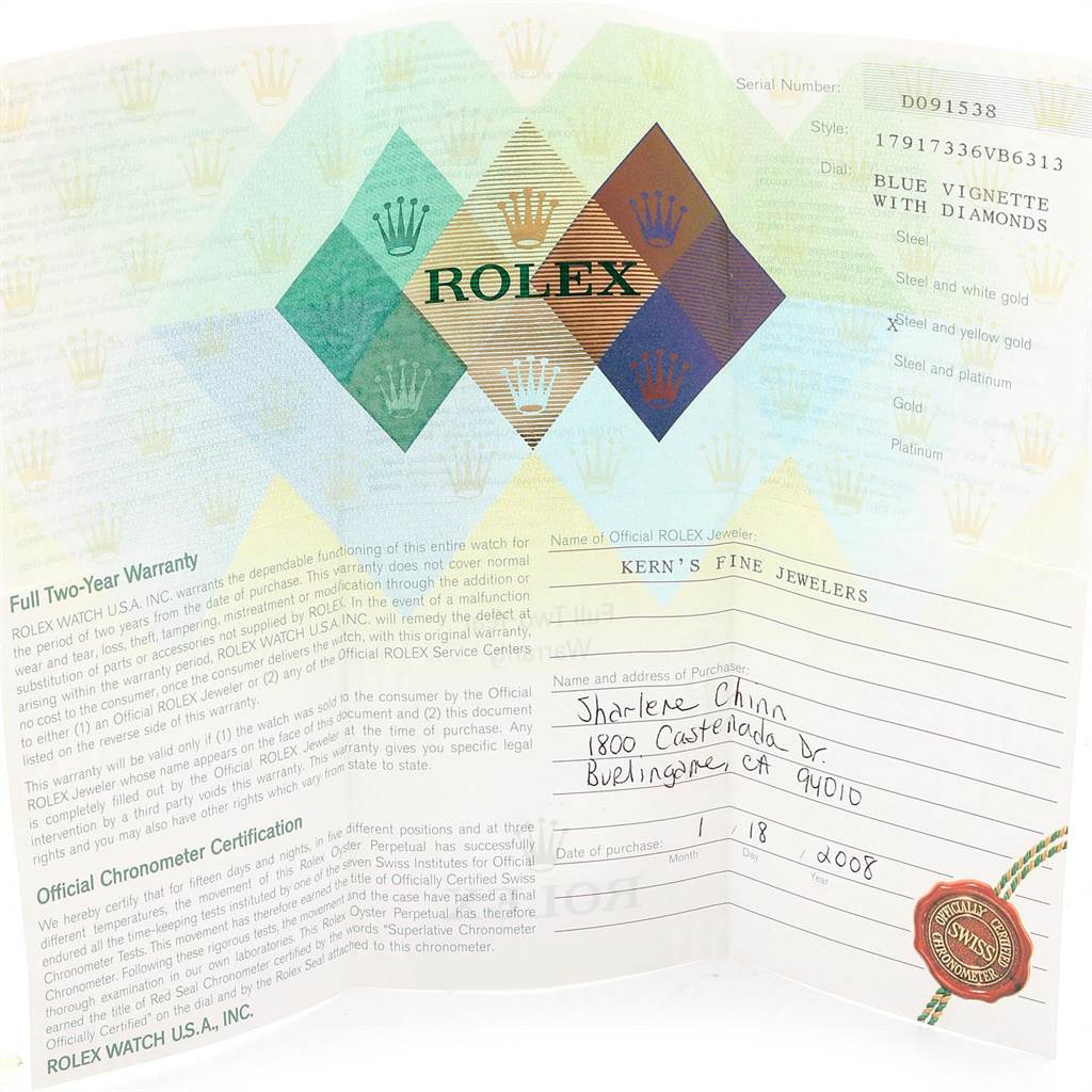 The image shows the warranty and certification card for a Rolex Datejust 179173 Women
s Steel and Gold (two tone) Blue Dial 179173 Women
s Steel and Gold (two tone) Blue Dial model.