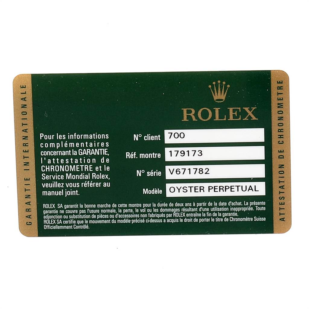 This image shows the warranty card for the Rolex Datejust 179173 Women's Steel and Gold (two tone) White Dial 179173 Women's Steel and Gold (two tone) White Dial model, providing client, reference, and serial numbers.