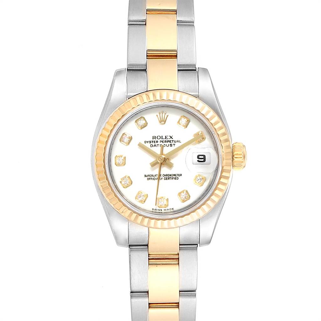 This is a front view of a Rolex Datejust 179173 Women's Steel and Gold (two tone) White Dial 179173 Women's Steel and Gold (two tone) White Dial watch showcasing its dial, bezel, bracelet, and crown.