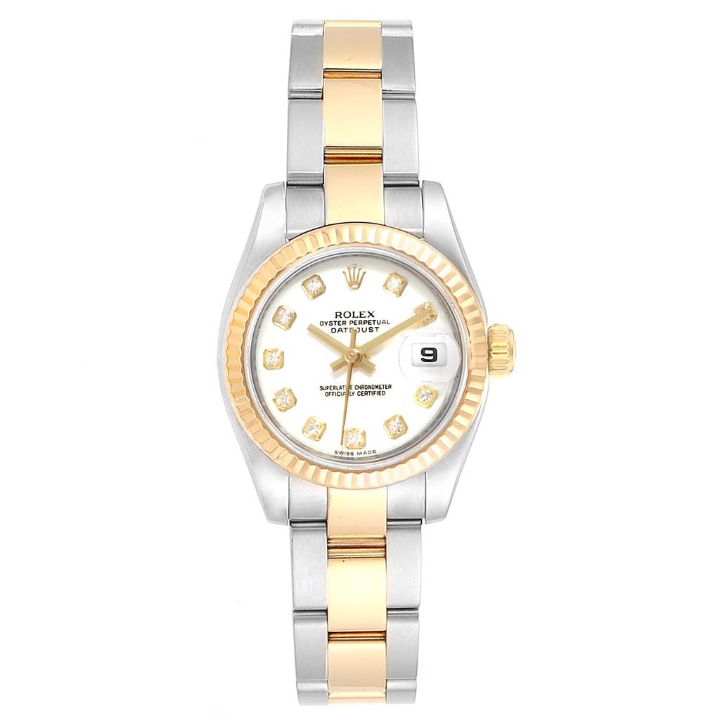 The image shows a front view of a Rolex Datejust 179173 Women's Steel and Gold (two tone) White Dial 179173 Women's Steel and Gold (two tone) White Dial watch, showcasing its dial, bezel, and bracelet.