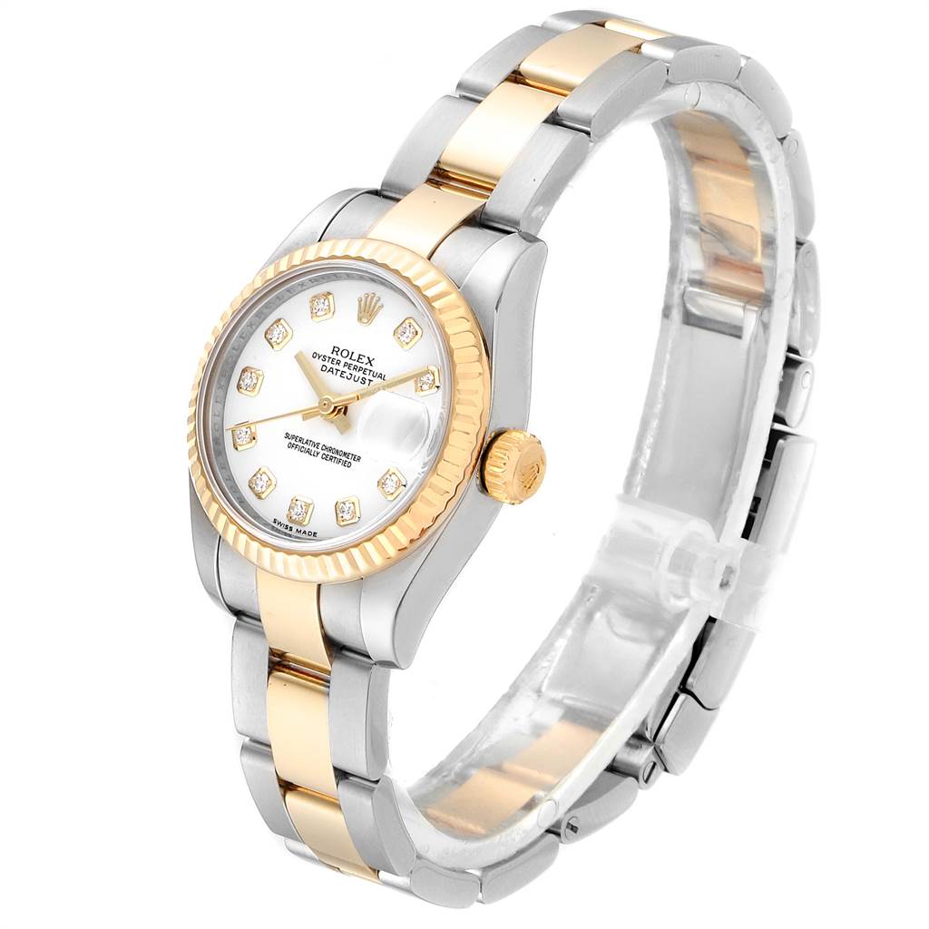 The Rolex Datejust 179173 Women's Steel and Gold (two tone) White Dial 179173 Women's Steel and Gold (two tone) White Dial watch is shown at an angled front view displaying its face, bezel, and bracelet.