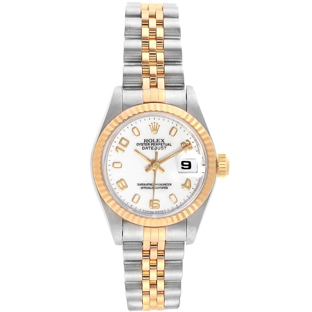The image shows a Rolex Datejust 69173 Women's Stainless Steel White Dial 69173 Women's Stainless Steel White Dial watch from a front view, featuring a two-tone bracelet, white dial, and date display at 3 o'clock.