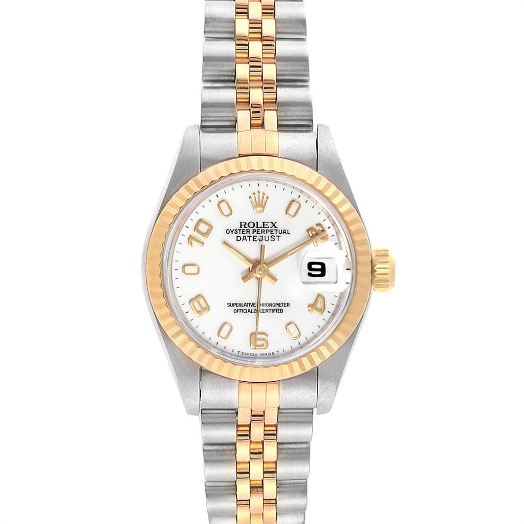 This image shows a Rolex Datejust 69173 Women's Stainless Steel White Dial 69173 Women's Stainless Steel White Dial watch from a top-down angle, featuring its dial, bezel, and two-tone bracelet.