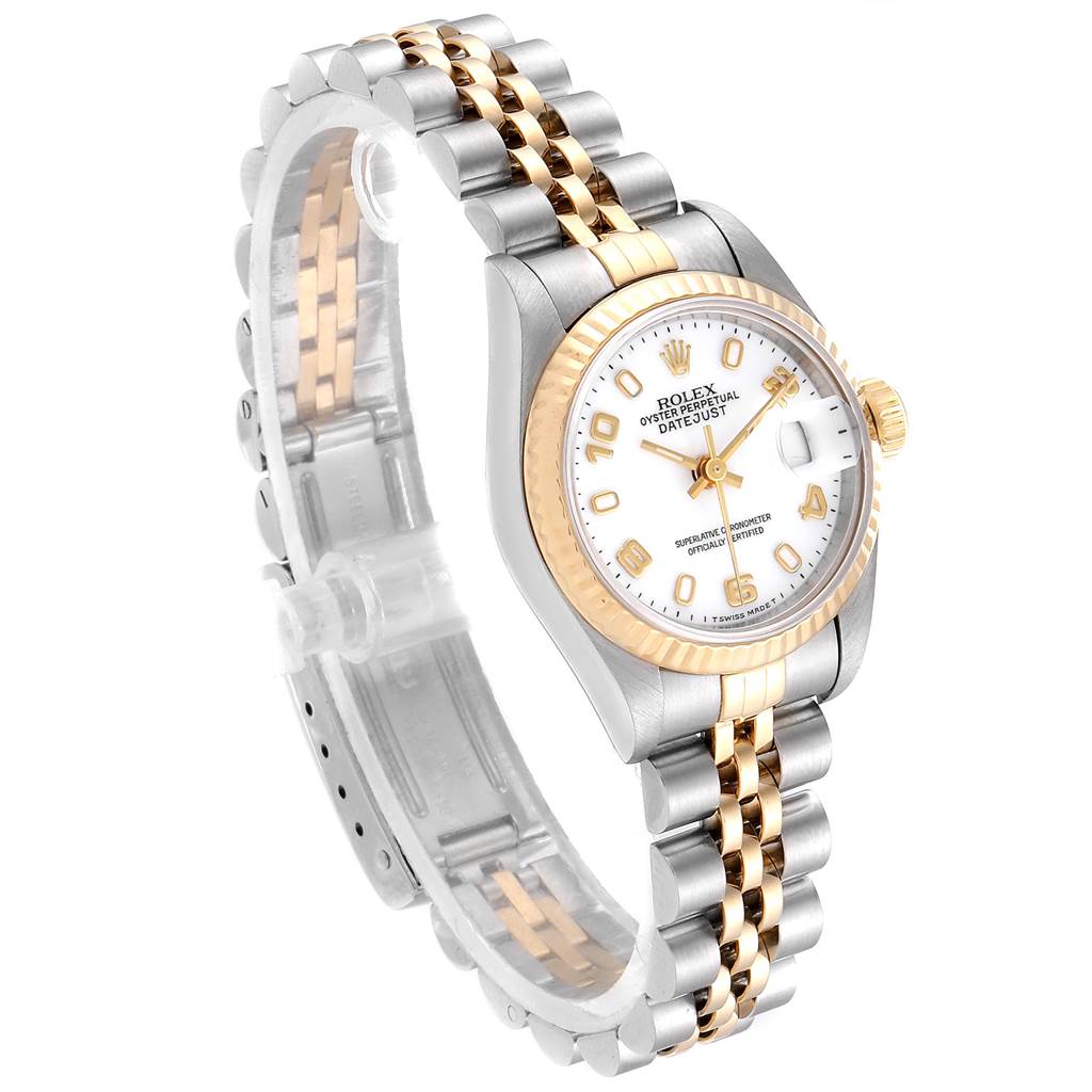 The image shows a Rolex Datejust 69173 Women's Stainless Steel White Dial 69173 Women's Stainless Steel White Dial wristwatch at a 3/4 angle, displaying the dial, bezel, and jubilee bracelet.