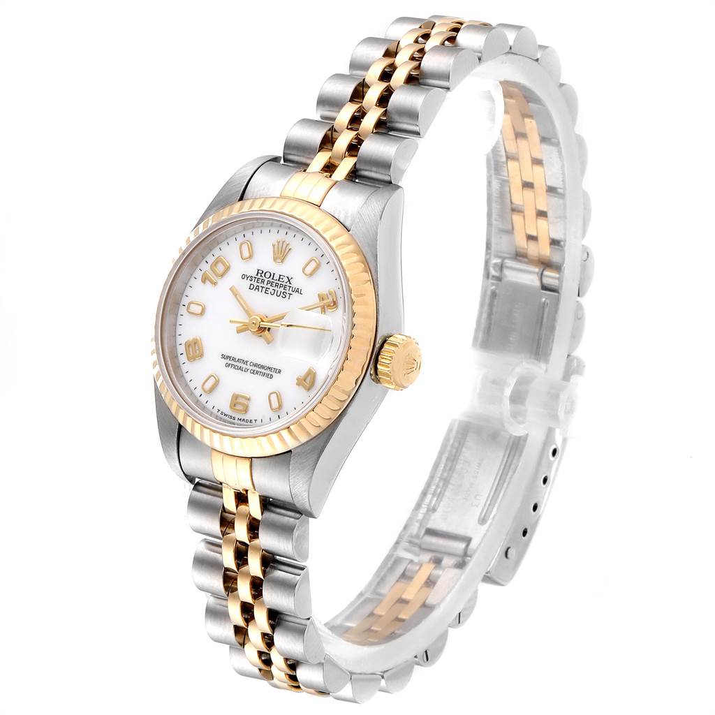 The Rolex Datejust 69173 Women's Stainless Steel White Dial 69173 Women's Stainless Steel White Dial watch is shown at an oblique angle, displaying its gold and silver casing, dial, bezel, and Jubilee bracelet.