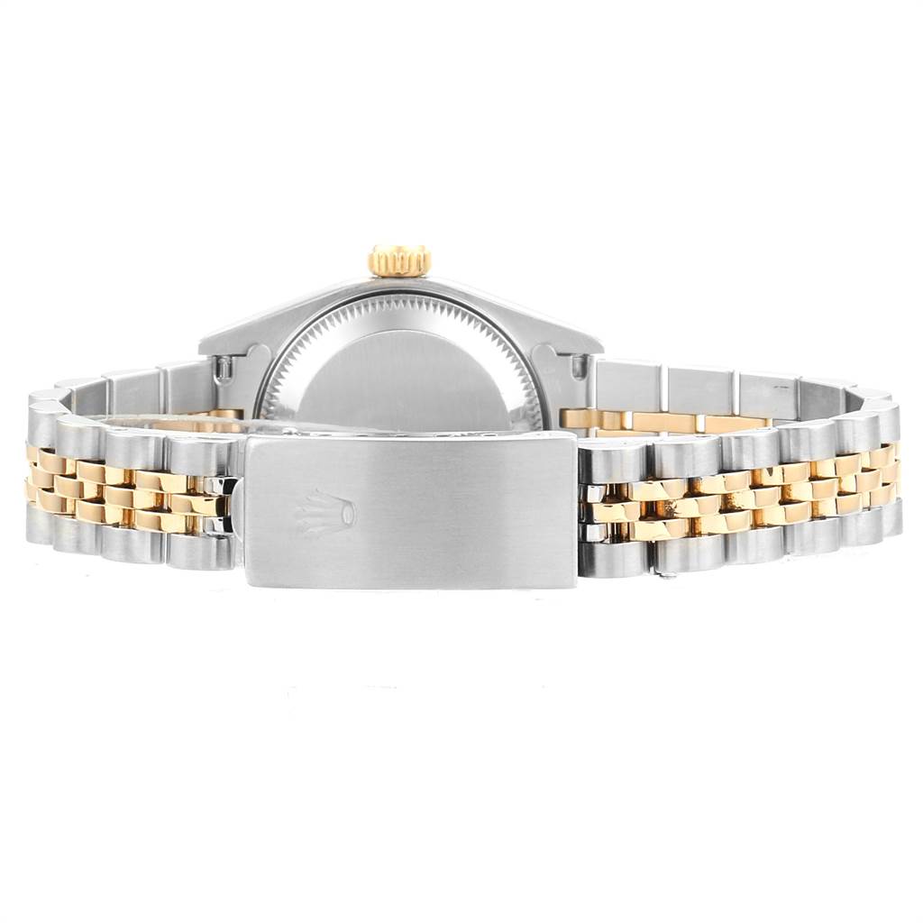 This image shows the back view of a Rolex Datejust 69173 Women's Stainless Steel White Dial 69173 Women's Stainless Steel White Dial watch, highlighting its bracelet and clasp.