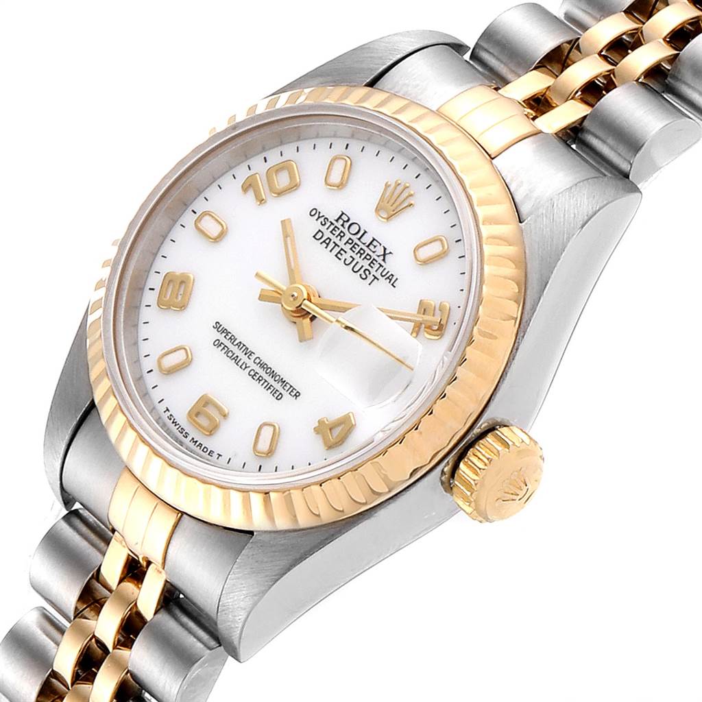 The image shows a close-up view of the Rolex Datejust 69173 Women's Stainless Steel White Dial 69173 Women's Stainless Steel White Dial watch, showcasing the dial, bezel, crown, and part of the bracelet.