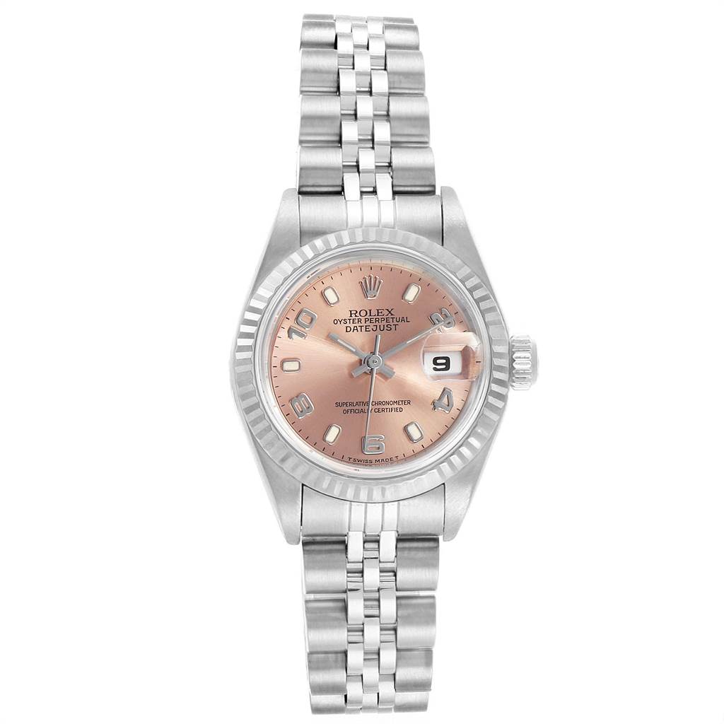 This image shows a frontal view of a Rolex Datejust 69174 Women's Stainless Steel Pink Dial 69174 Women's Stainless Steel Pink Dial watch, highlighting its dial, bracelet, and case.