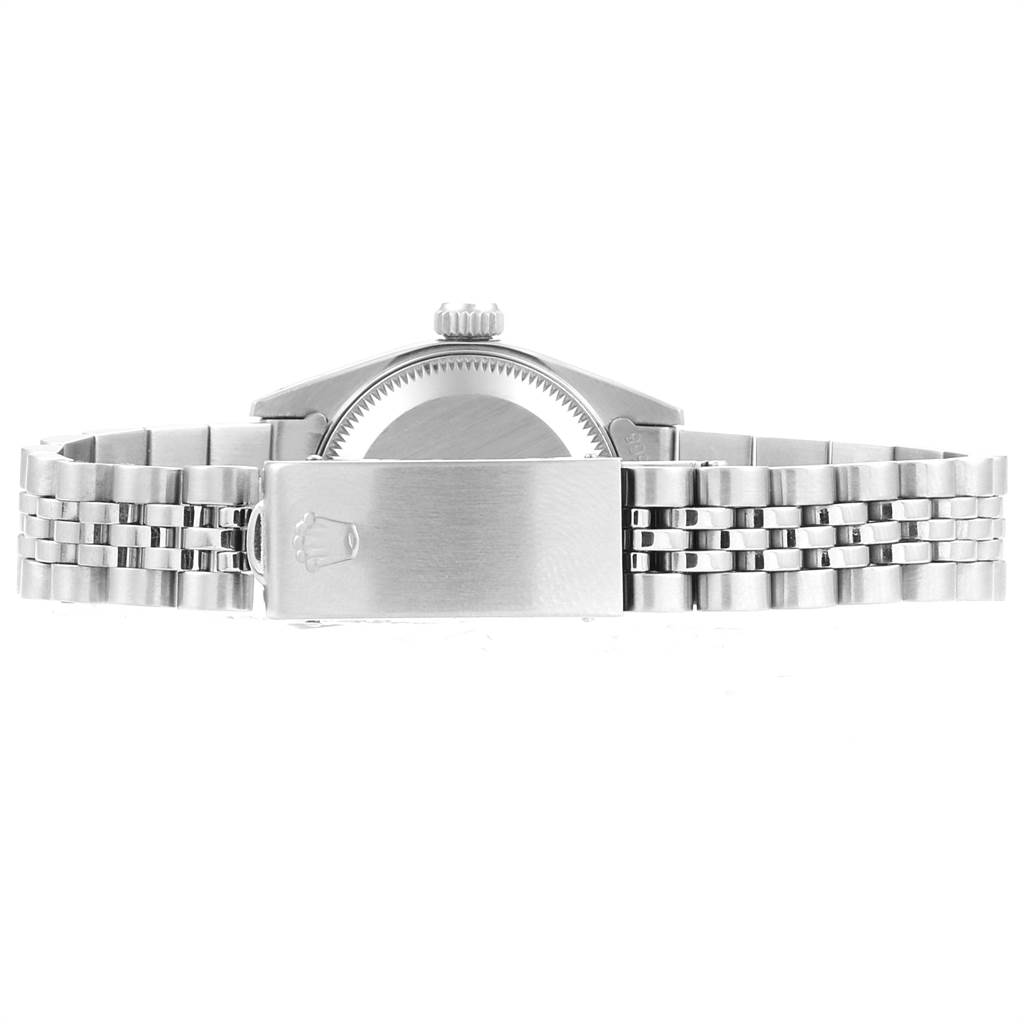 This image shows the back view of a Rolex Datejust 69174 Women's Stainless Steel Beige Dial 69174 Women's Stainless Steel Beige Dial watch, highlighting the clasp and part of the Jubilee bracelet.