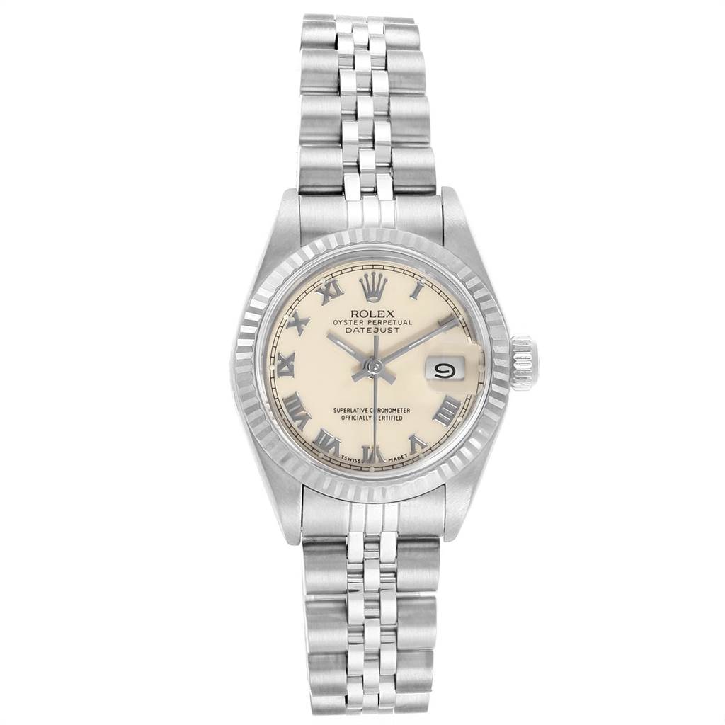 The Rolex Datejust 69174 Women's Stainless Steel Beige Dial 69174 Women's Stainless Steel Beige Dial watch is shown from a top-down angle, showcasing its face, bezel, and bracelet.