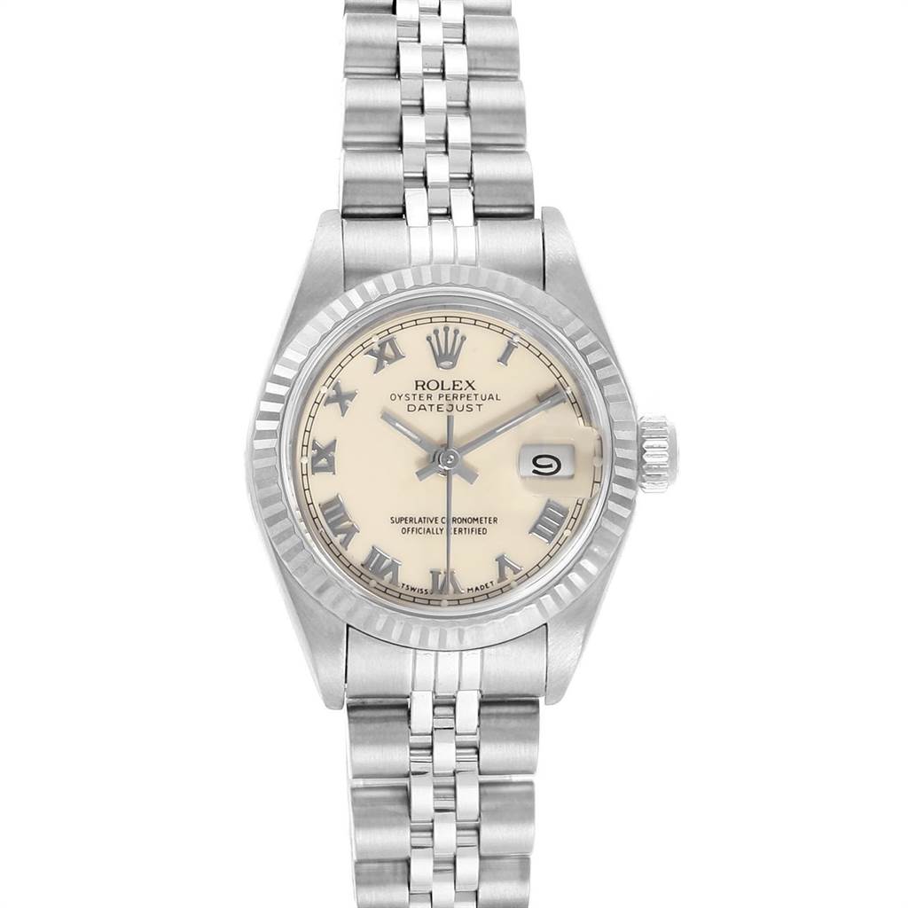 This image shows a Rolex Datejust 69174 Women's Stainless Steel Beige Dial 69174 Women's Stainless Steel Beige Dial watch from a front angle, focusing on the dial and bracelet.