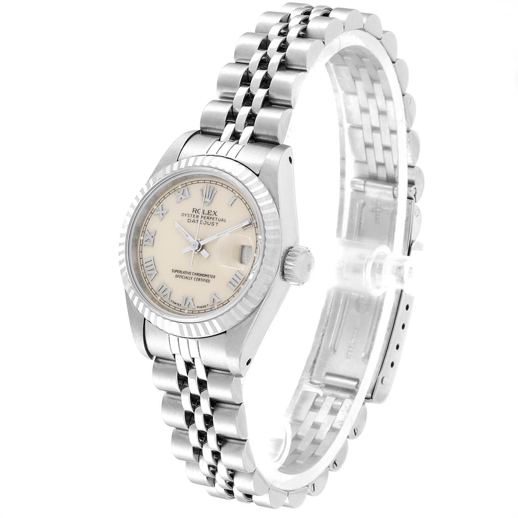 The image shows a Rolex Datejust 69174 Women's Stainless Steel Beige Dial 69174 Women's Stainless Steel Beige Dial watch at a three-quarter angle, highlighting the dial, crown, and Jubilee bracelet.