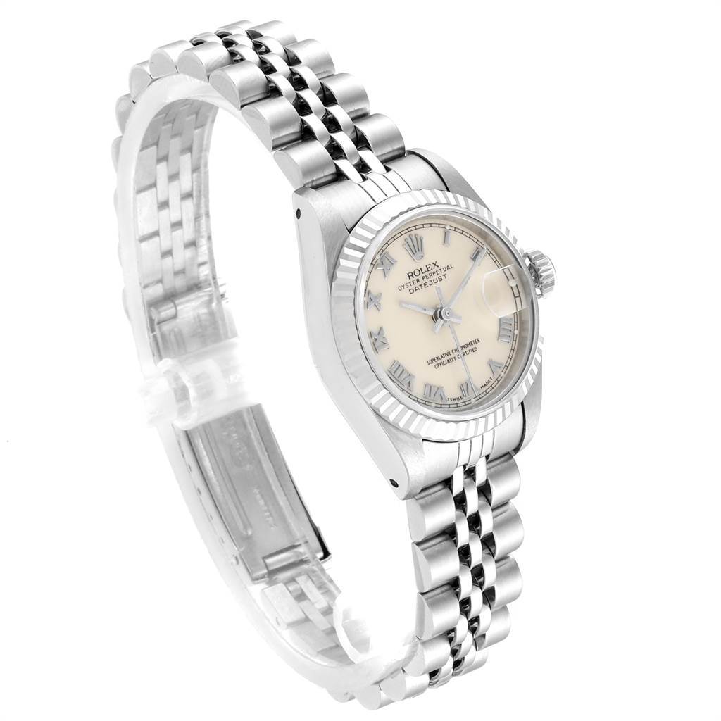 This image shows a Rolex Datejust 69174 Women's Stainless Steel Beige Dial 69174 Women's Stainless Steel Beige Dial watch at a slight angle, displaying its face, bezel, and jubilee bracelet.
