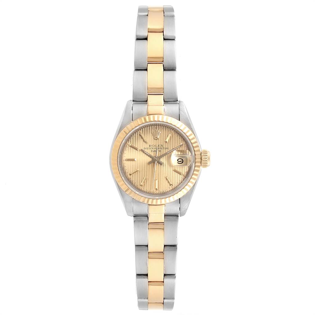 This image shows a front view of a Rolex Datejust 69173 Women
s Stainless Steel Champagne Dial 69173 Women
s Stainless Steel Champagne Dial watch, displaying the dial, bracelet, and bezel.