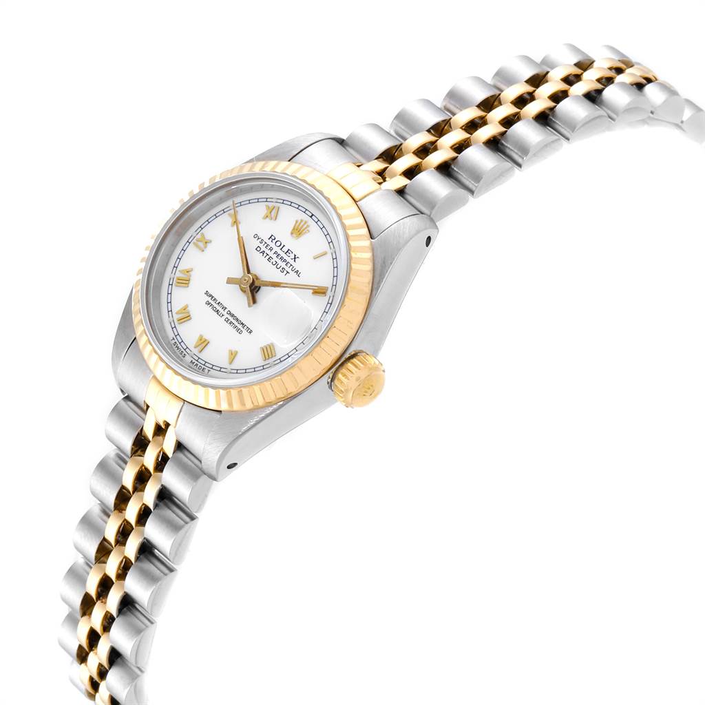 The Rolex Datejust 69173 Women
s Stainless Steel White Dial 69173 Women
s Stainless Steel White Dial watch is shown at an angle, displaying its dial, fluted bezel, crown, and Jubilee bracelet.