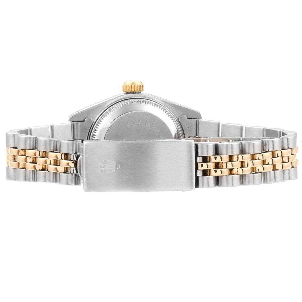 This image shows the back of a Rolex Datejust 69173 Women
s Stainless Steel White Dial 69173 Women
s Stainless Steel White Dial watch with a two-tone Jubilee bracelet and a closed clasp.