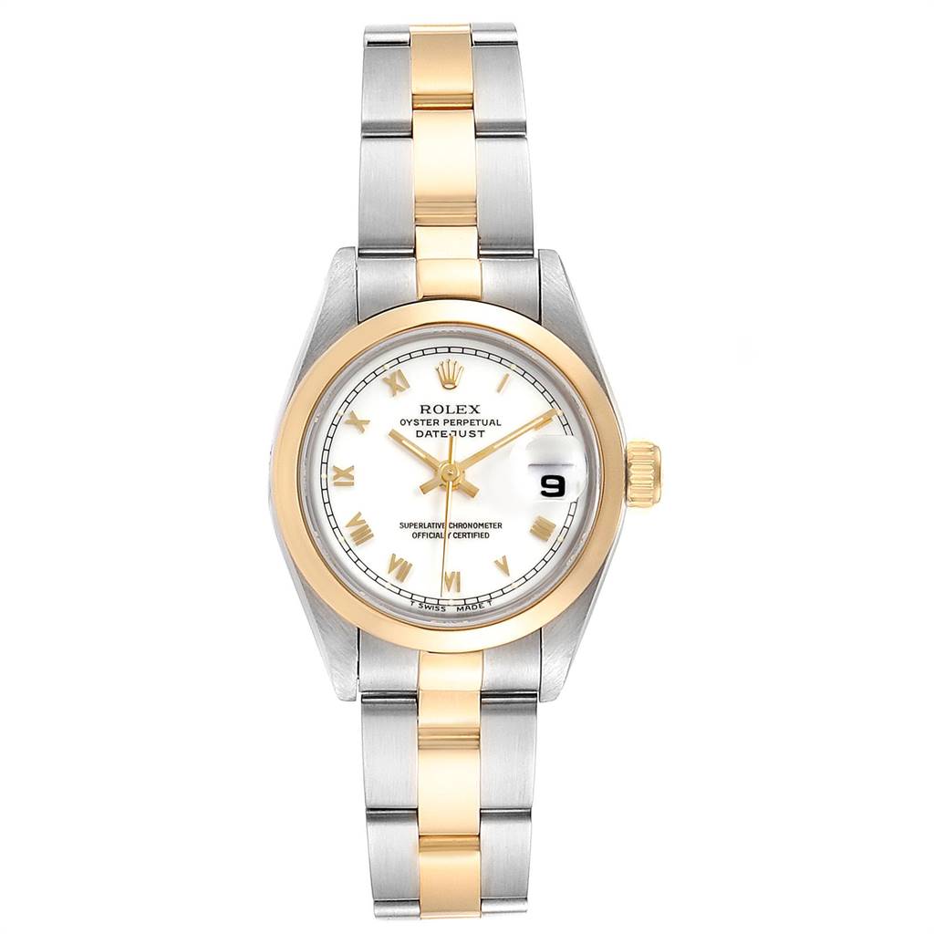 This image shows a front view of a Rolex Datejust 69163 Women's Stainless Steel White Dial 69163 Women's Stainless Steel White Dial watch, displaying the face, bezel, crown, and the two-tone bracelet.