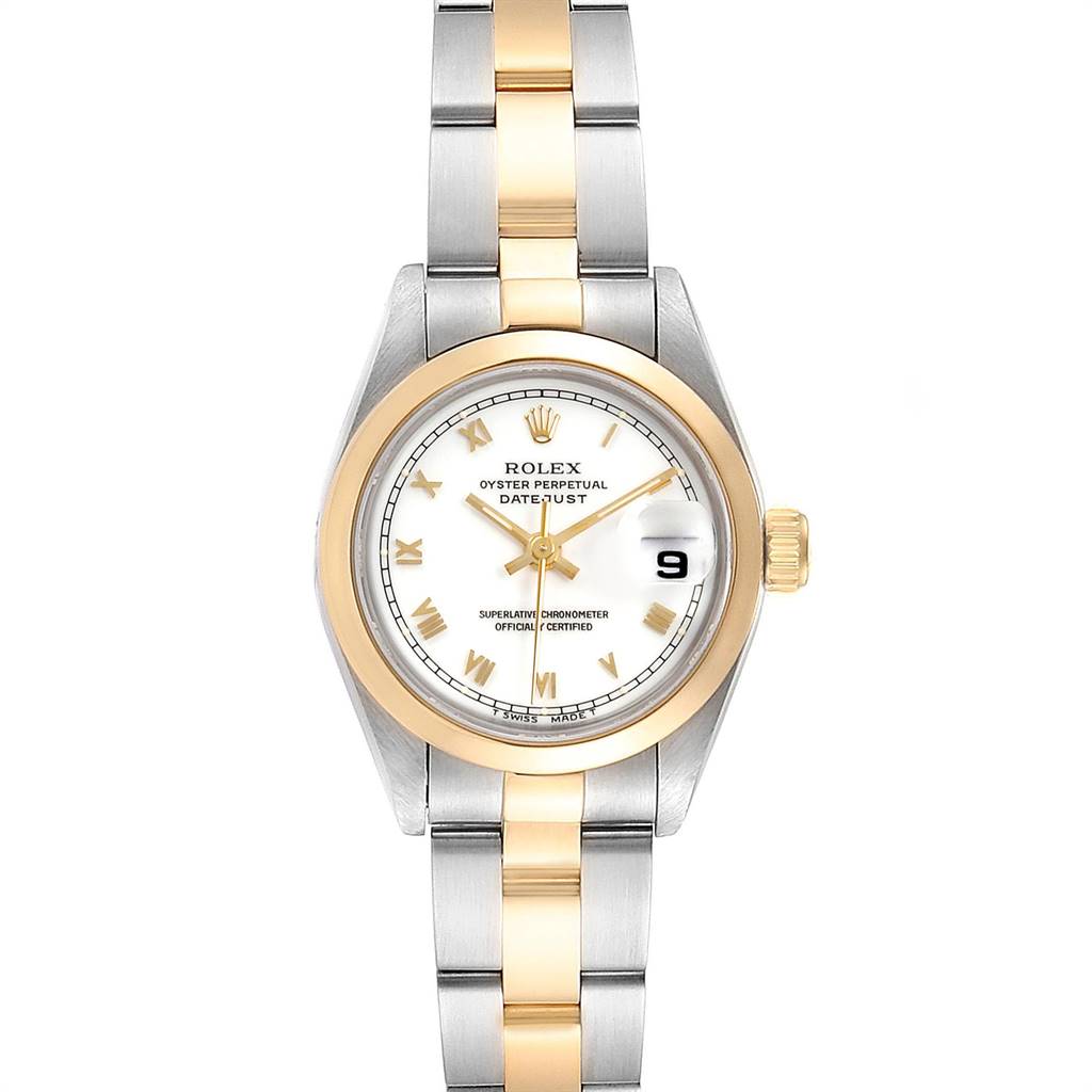 The image shows a Rolex Datejust 69163 Women's Stainless Steel White Dial 69163 Women's Stainless Steel White Dial watch from a top-down angle, highlighting its stainless steel and gold bracelet, dial, and date window.