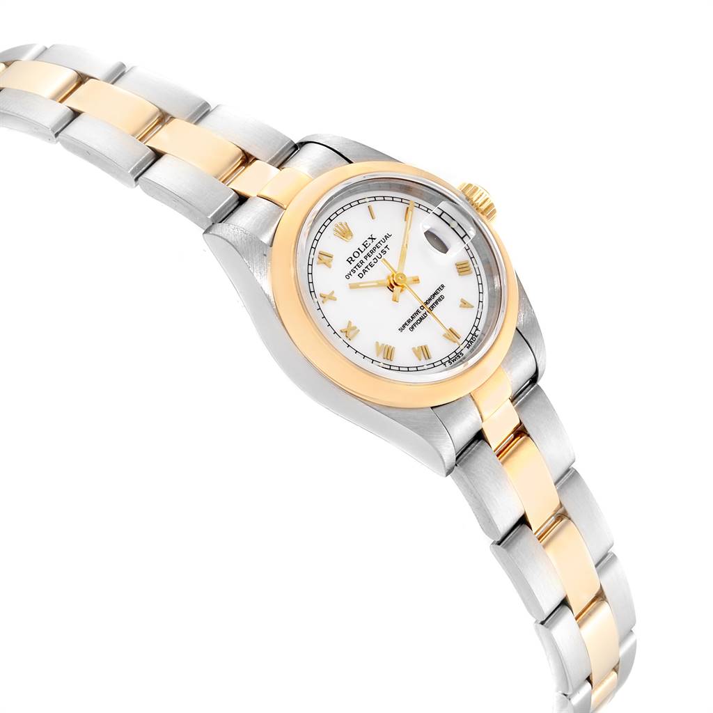 This image shows a Rolex Datejust 69163 Women's Stainless Steel White Dial 69163 Women's Stainless Steel White Dial watch at a slight angle, highlighting the dial, bezel, crown, and part of the bracelet.