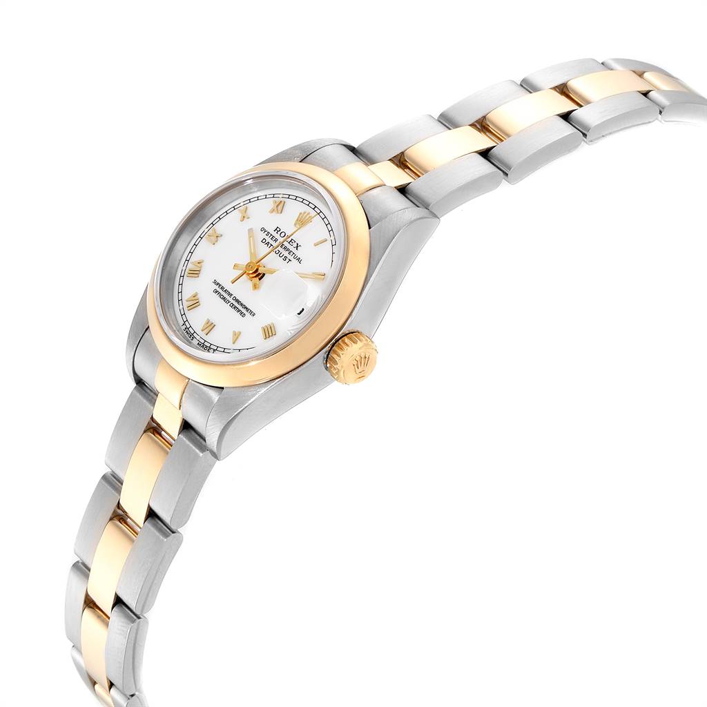 The image shows a Rolex Datejust 69163 Women's Stainless Steel White Dial 69163 Women's Stainless Steel White Dial watch from a side angle, highlighting its two-tone bracelet and crown.