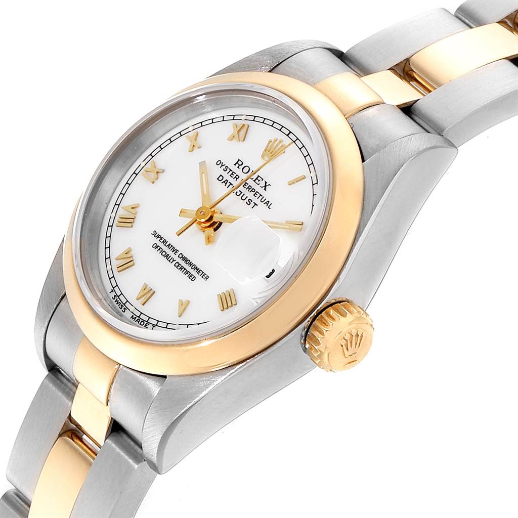 The image shows a close-up angle of the Rolex Datejust 69163 Women's Stainless Steel White Dial 69163 Women's Stainless Steel White Dial watch, featuring its dial, crown, and partial bracelet.