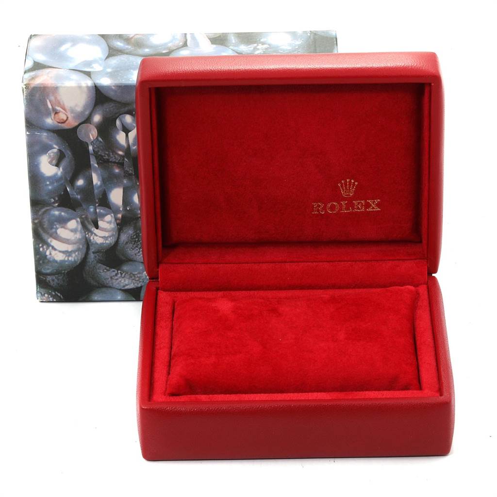 This image shows an open red Rolex Datejust 79174 Women
s Stainless Steel Silver Dial 79174 Women
s Stainless Steel Silver Dial watch box with the Rolex logo inside.